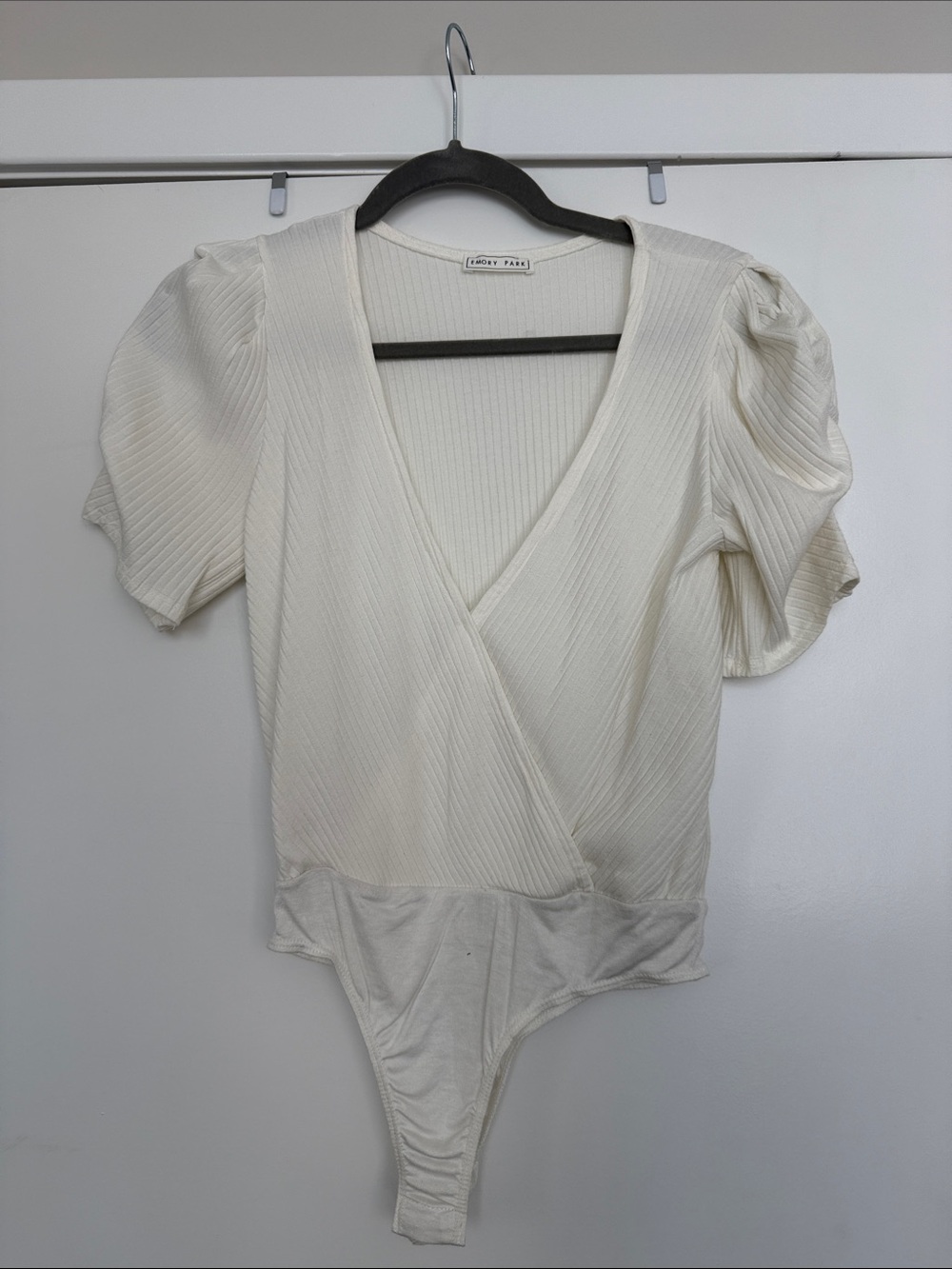 emory park Cream Ribbed Wrap Bodysuit with Puff Sleeves